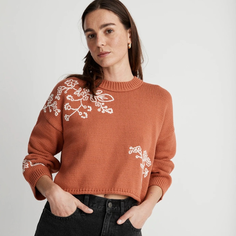 Madewell Rust Embroidered Crew Neck Sweater